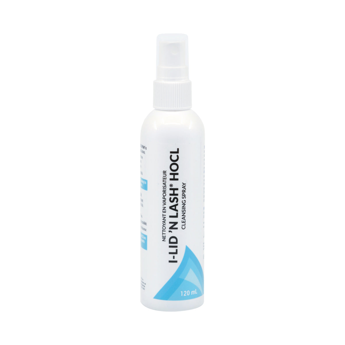 I-Med Pharmas I-LID ’N LASH HOCl Cleansing Spray offers gentle eyelid and lash hygiene in a 120mL white spray bottle featuring blue and black text, a blue triangle design, and promotes eyelid health.