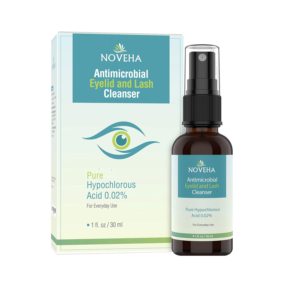 The Noveha Hypochlorous Acid Eyelid and Lash Cleanser (30mL) displays its 0.02% hypochlorous acid content on both bottle and box, offering daily blepharitis relief.