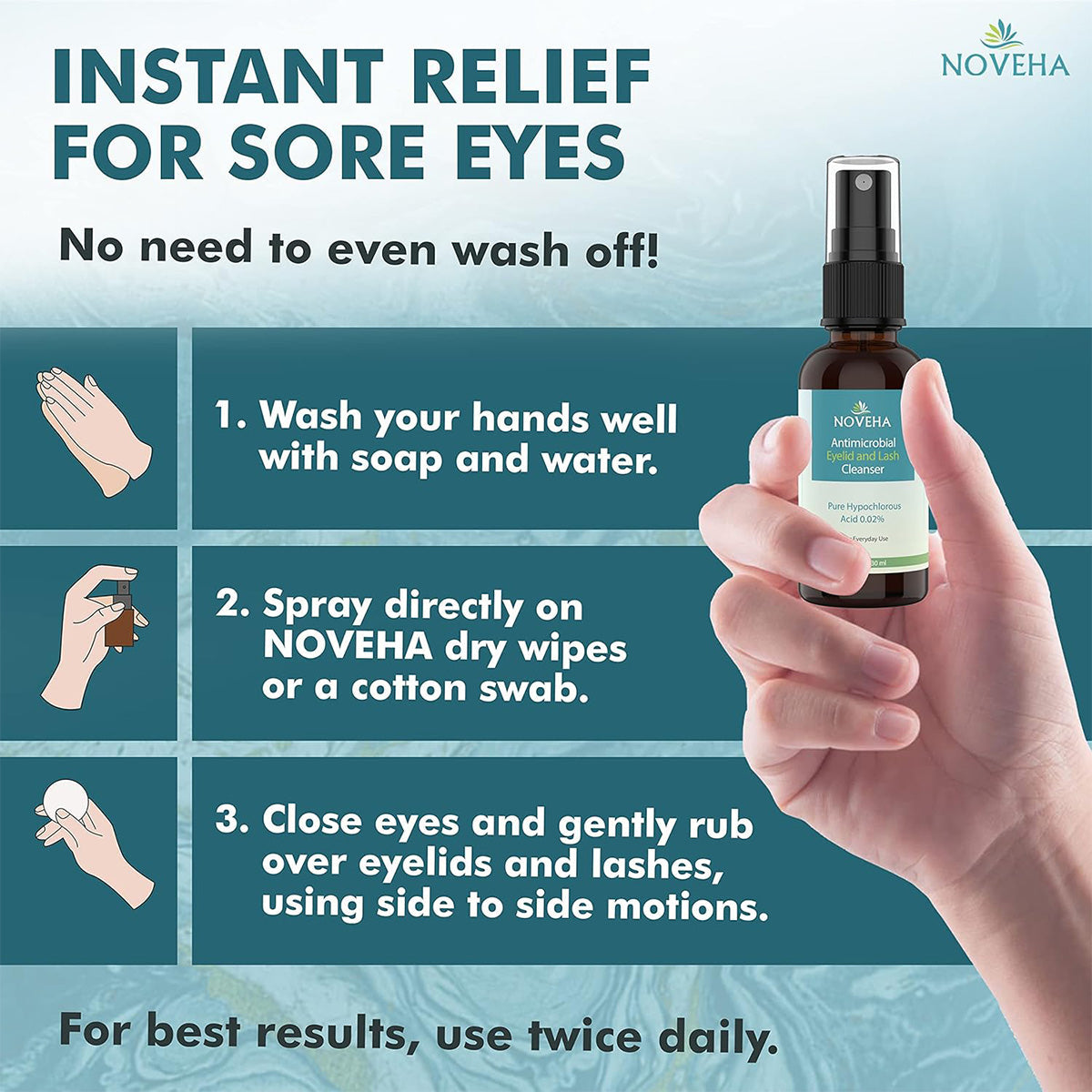 A hand holds a Noveha Hypochlorous Acid Eyelid and Lash Cleanser (30mL) bottle to relieve sore eyes. Instructions: 1. Wash hands. 2. Spray on Noveha wipes/swab with hypochlorous acid. 3. Close eyes, rub over eyelids/lashes to ease blepharitis symptoms. Use twice daily.