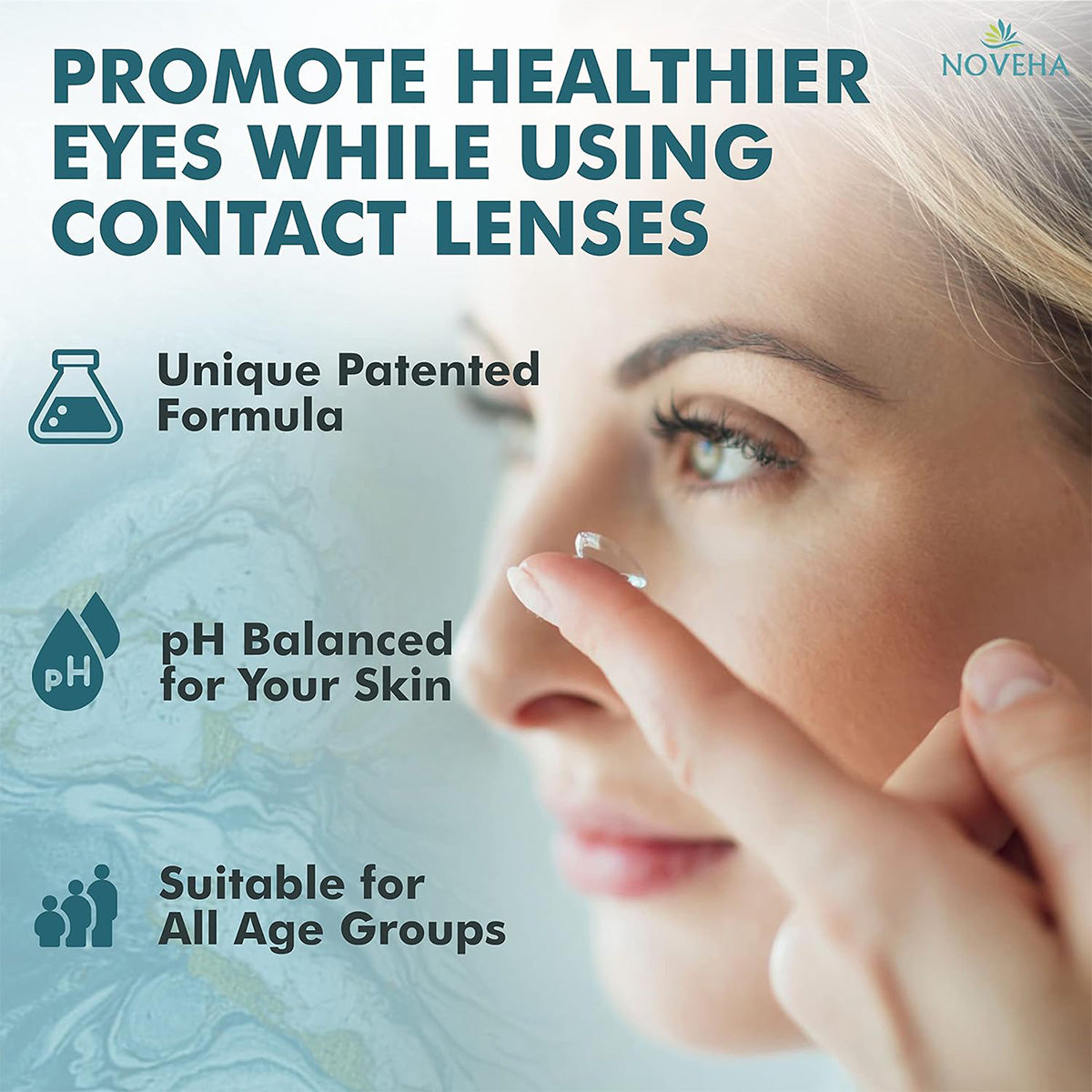 A person gently holds a contact lens near their eye, highlighting Novehas Hypochlorous Acid Eyelid and Lash Cleanser benefits: Unique Patented Formula, pH Balanced for Your Skin, Includes Hypochlorous Acid. The background shows a water pattern, perfect for cleanser users.