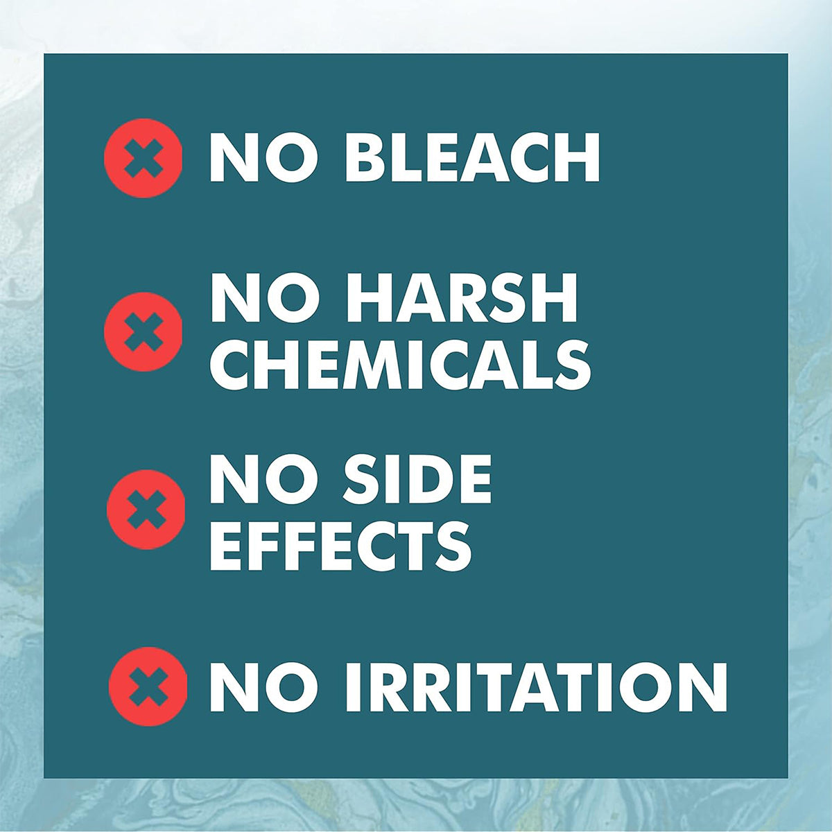 A teal rectangular graphic displays four bullet points: No Bleach, No Harsh Chemicals, No Side Effects, and No Irritation. Each has a red circle and an X. The Noveha Hypochlorous Acid Eyelid and Lash Cleanser (30mL) is perfect for blepharitis sufferers, offering gentle hypochlorous acid care.