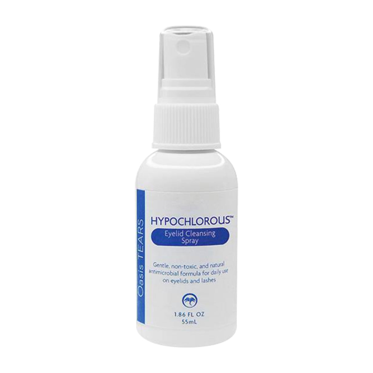 The Oasis TEARS Hypochlorous Eyelid and Lash Cleansing Spray by Oasis Medical is a 55mL white bottle with a spray nozzle, boasting a gentle, non-toxic antimicrobial formula for daily eyelid hygiene and dry eye management.