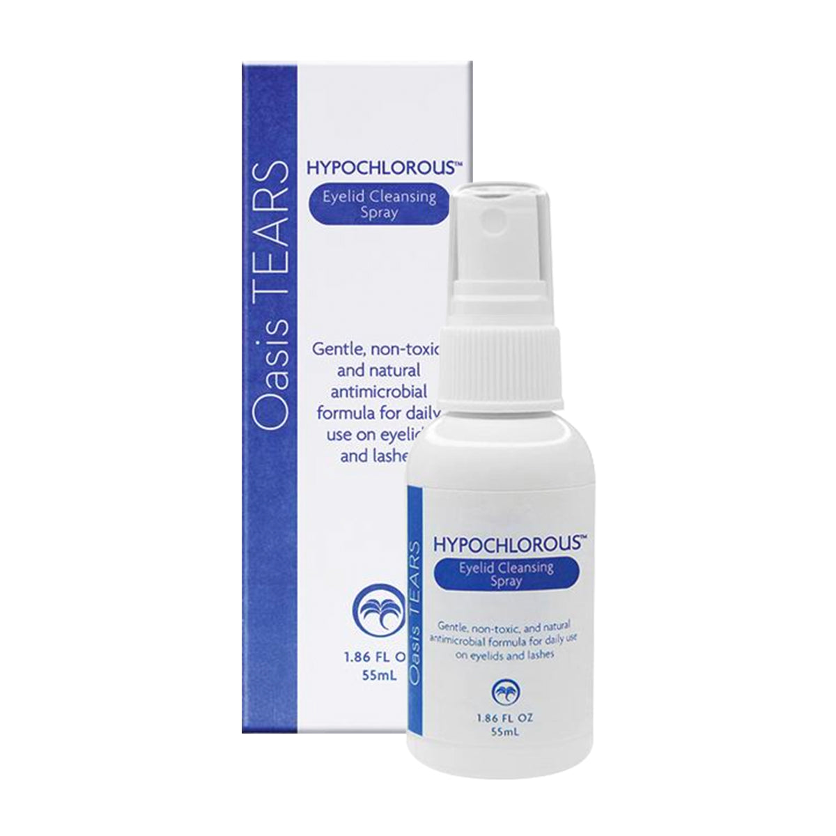 A white Oasis TEARS Hypochlorous Eyelid and Lash Cleansing Spray bottle sits before its blue and white box, highlighting dry eye care. This gentle, non-toxic antimicrobial solution is ideal for eyelid and lash hygiene. Bottle size: 1.86 fl oz (55mL). Brand: Oasis Medical.