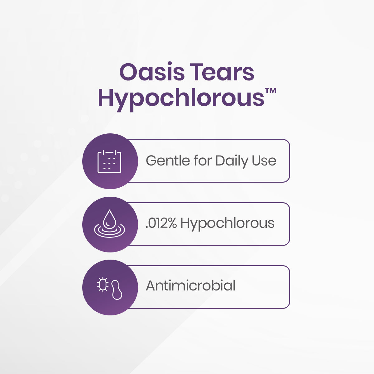 The image depicts Oasis TEARS Hypochlorous Eyelid and Lash Cleansing Spray on a white background with icons showing Gentle for Daily Use, .012% Hypochlorous, and an Antimicrobial Formula, ideal for eyelid hygiene and managing dry eyes. Brand: Oasis Medical.