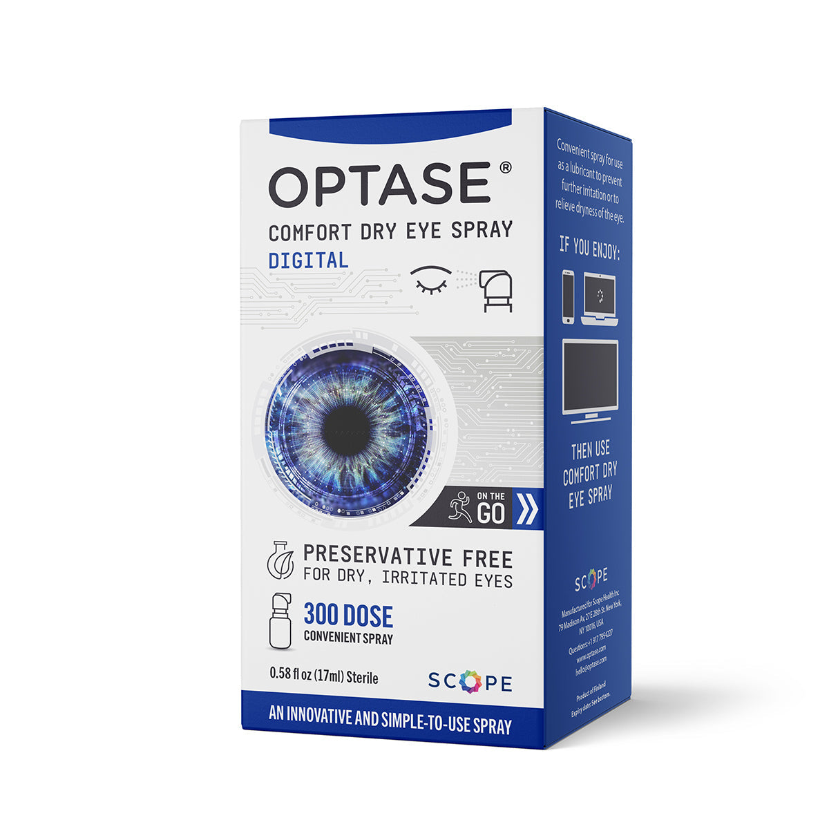 The Optase Comfort Dry Eye Spray features a prominent eye image on the front with Digital marked above, boasting 300 preservative-free doses for dry, irritated eyes. Text outlines tear film stability and digital screen relief beside a blue background strip on the right.