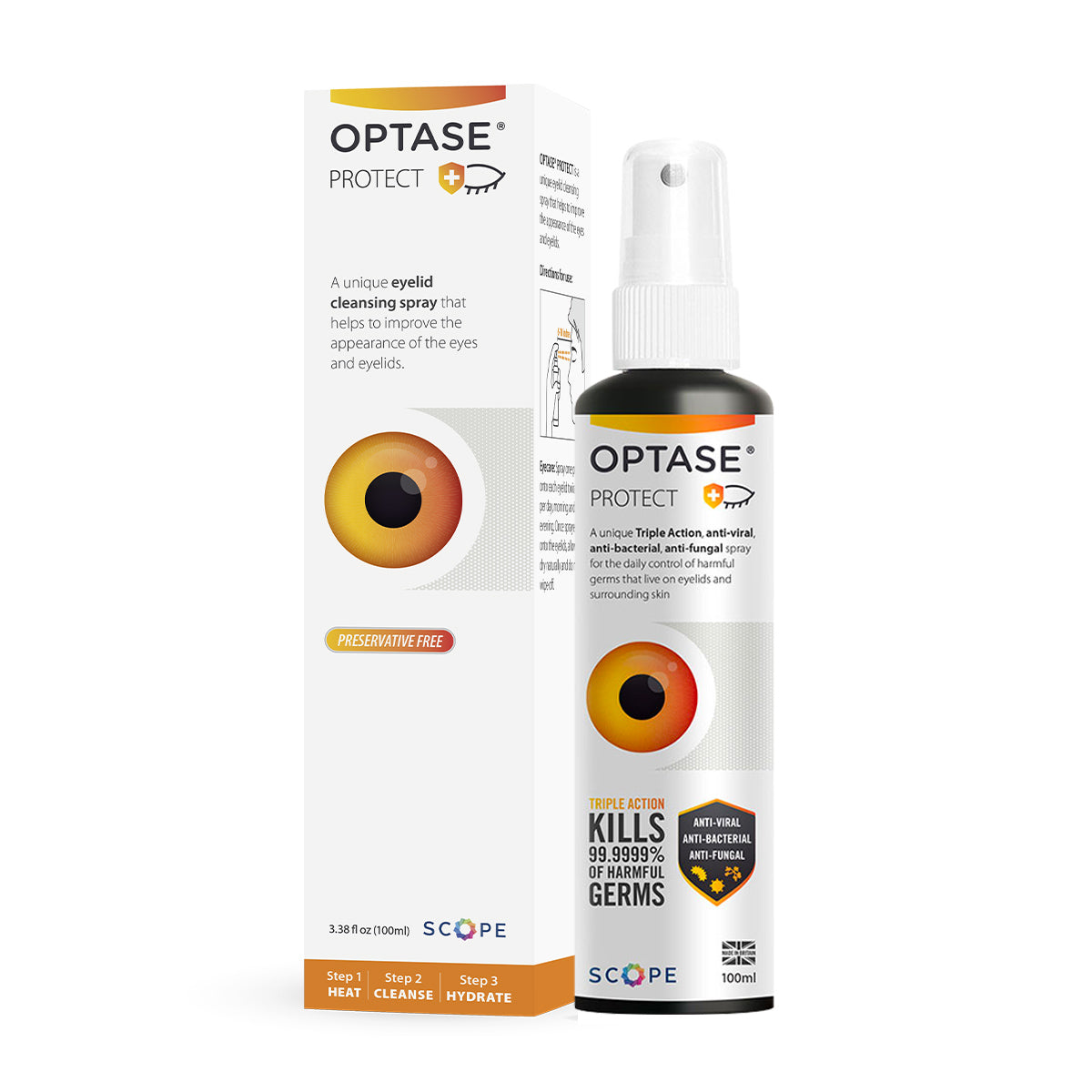 The Optase Protect Eyelid Hypochlorous Cleansing Spray (100ml) showcases an orange and black circular design on its bottle and box. It eliminates 99.999% of germs using hypochlorous acid, is preservative-free, and ideal for daily eye hygiene.