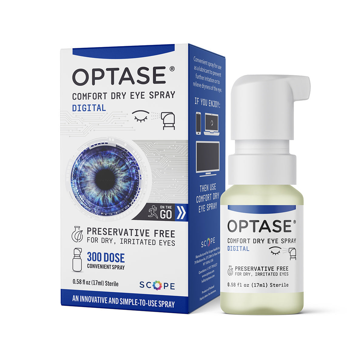 The Optase Comfort Dry Eye Spray, featuring 300 doses, enhances tear film stability and provides dry, irritated eye relief with its preservative-free formula. Packaged in a box with digital eye imagery, the .58 fl oz bottle includes a convenient spray nozzle.