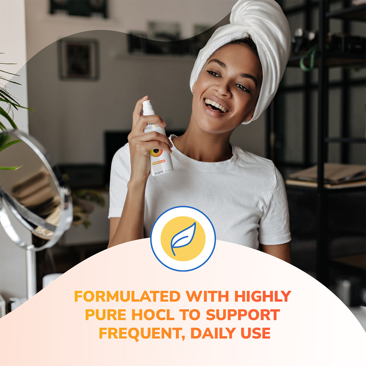 A person with a towel on their head smiles holding Optase Protect Eyelid Hypochlorous Cleansing Spray (100ml), ideal for daily eye hygiene. The text reads: Formulated with highly pure HOCl for frequent, daily use alongside a leaf icon, emphasizing its benefits for eyelid cleansing.