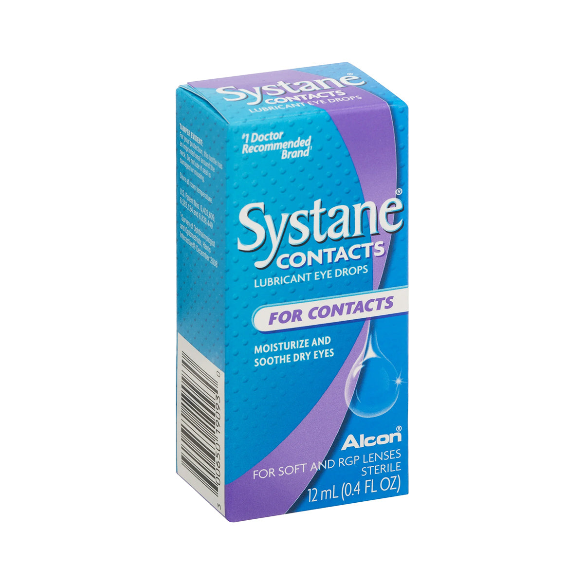 The Alcon logo-adorned box of Systane® CONTACTS Lubricant Eye Drops, designed for soft, RGP, and hard lenses, comes in blue and purple. These 12 mL (0.4 FL OZ) drops offer hydrating relief for dry eyes with moisturizing and soothing benefits for contact lens wearers.