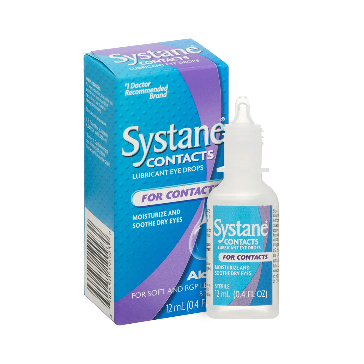 The Alcon Systane® CONTACTS Lubricant Eye Drops (12mL), ideal for soft, RGP, and hard contact lenses, are displayed in a teal and purple box with white text emphasizing their moisturizing and soothing properties for dry eyes. The clear bottle matches the branding and includes a handy white cap.