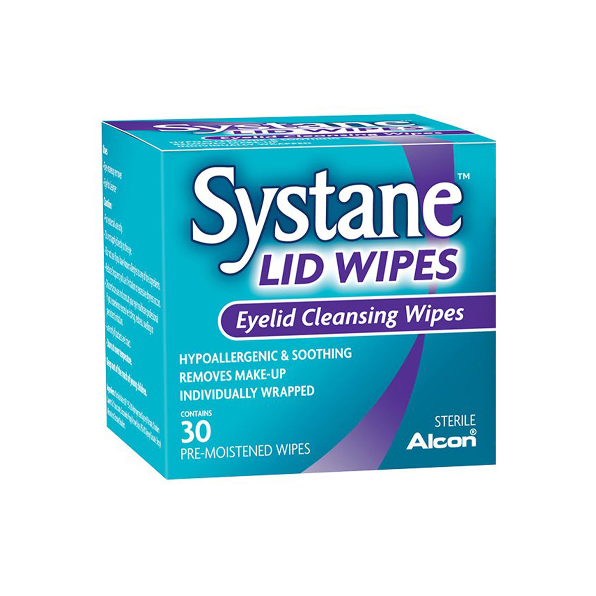 The blue and green Systane Lid Wipes box contains 30 pre-moistened, individually wrapped wipes for eyelid cleansing. Highlighted as hypoallergenic & soothing, they effectively remove make-up, with the Alcon brand prominently displayed.