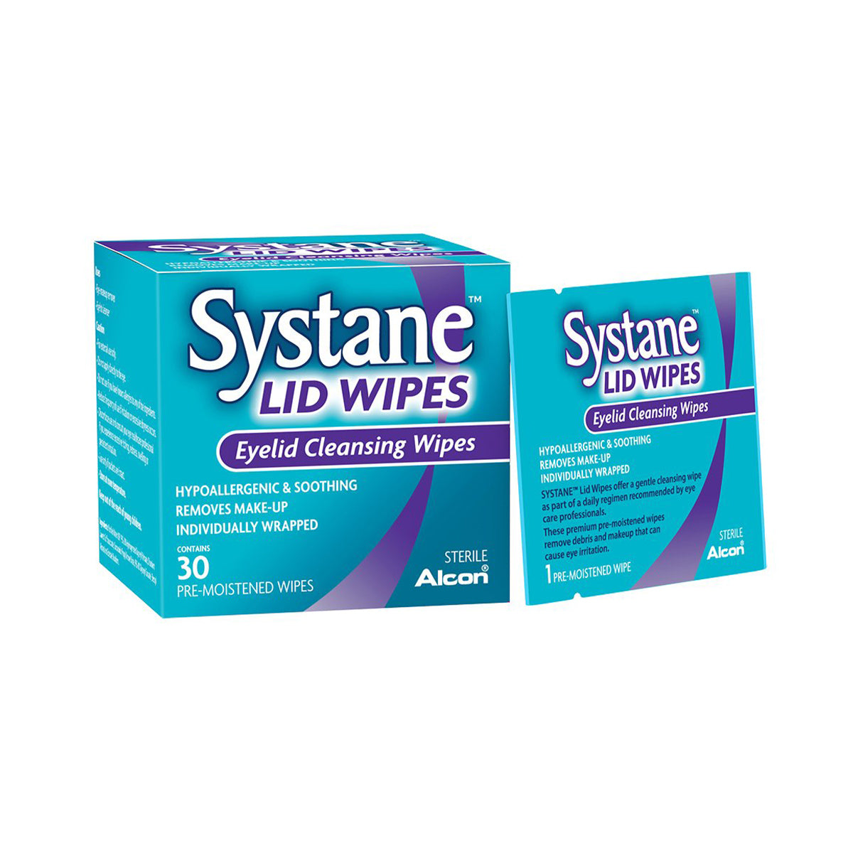 Alcons Systane Lid Wipes, a teal and purple box labeled Eyelid Cleansing, offers 30 individually wrapped, hypoallergenic wipes to soothe eye irritation and remove makeup.