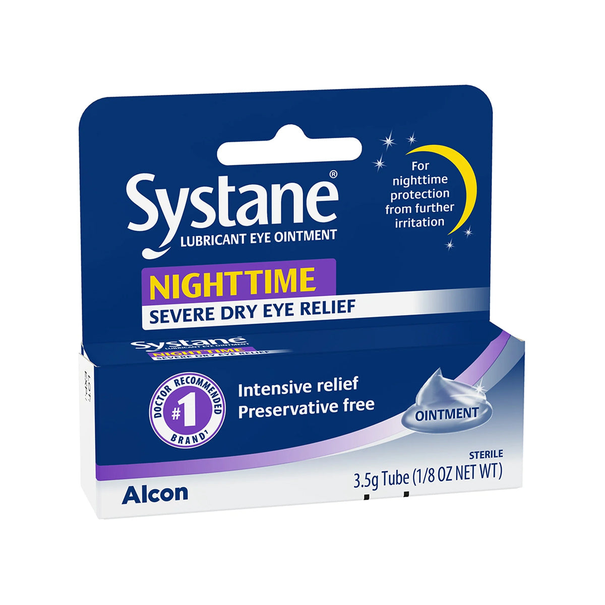 Showcase image of Alcons Systane Nighttime Lubricant Eye Ointment (3.5g Tube) with its blue, white, and purple packaging, offering Severe Dry Eye Relief and Intensive relief in a preservative-free formula for overnight moisture.