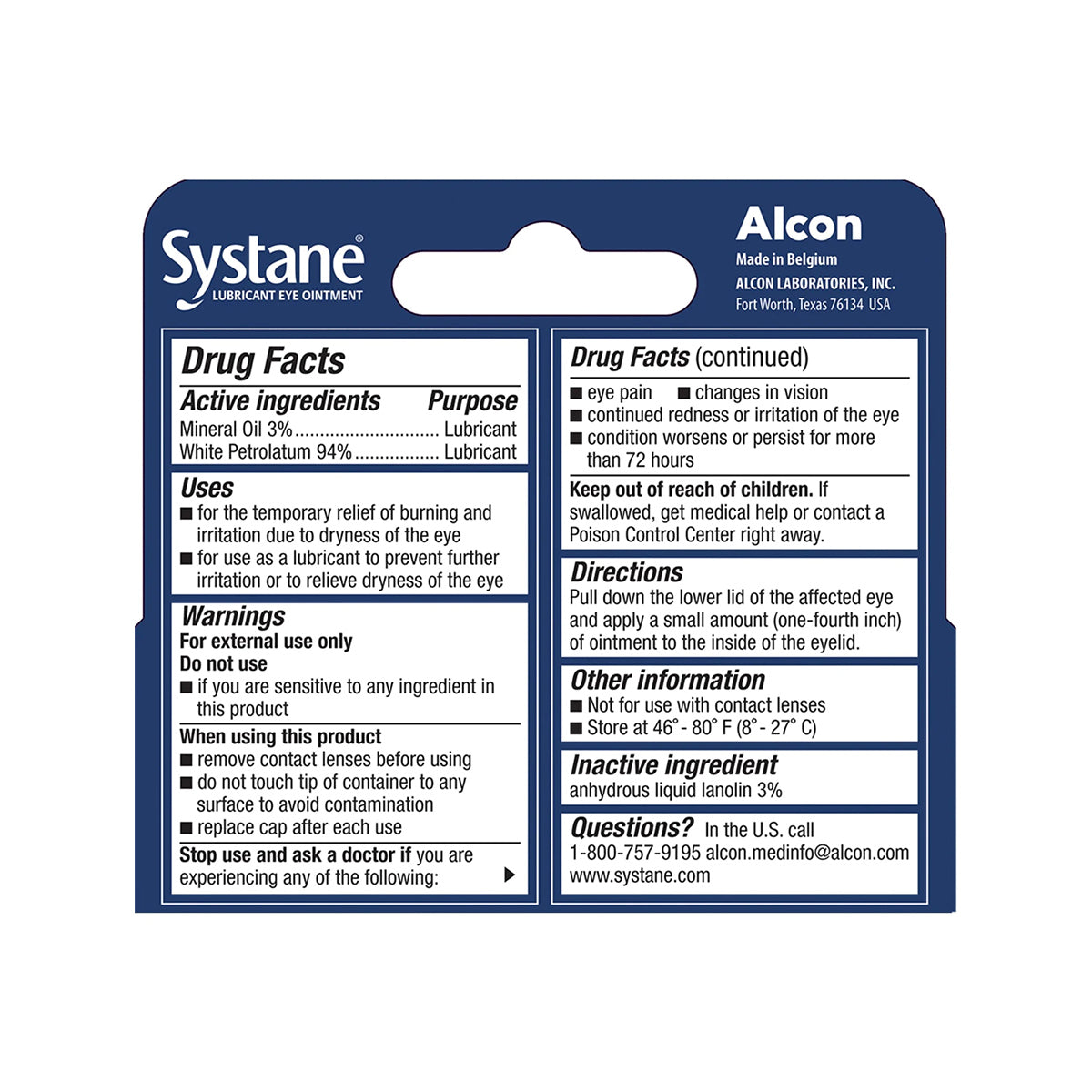 The Systane Nighttime Lubricant Eye Ointment (3.5g Tube) by Alcon features its preservative-free formula for dry eye relief, active ingredients, purposes, warnings, and directions on the box. It offers overnight moisture with storage advice and contact info displayed on a white background with blue text.