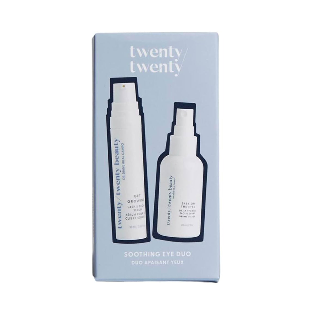 A light blue Twenty Twenty box showcases outlined bottles labeled Get Growing Lash Serum and Easy on the Eyes Facial Cleanser. This Soothing Eye Duo promotes ocular health with a gentle mist for daily use, in English and French.