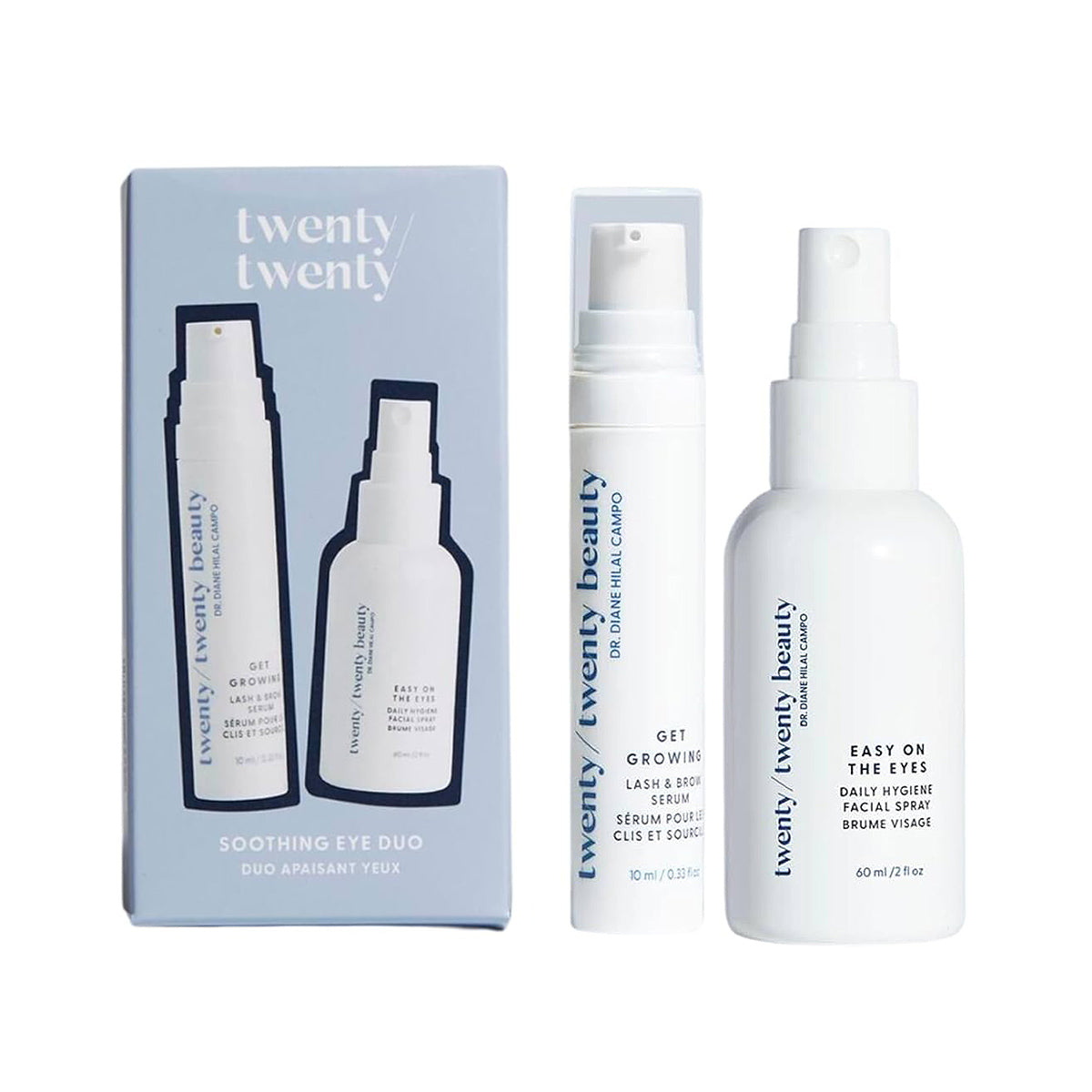 Explore the Twenty Twenty Soothing Eye Duo combo with the Get Growing Lash Serum and Easy on the Eyes Facial Cleanser, both essentials in white bottles to boost ocular health and enhance your skincare regimen.