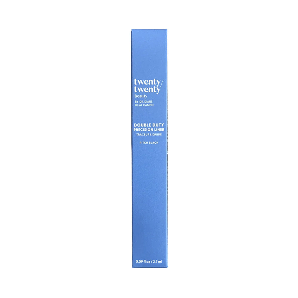 A blue rectangular box reads twenty twenty by Dr. Diane Hilal-Campo and Double Duty Precision Liner in white, states pitch black, and shows the volume as 2.7mL. It highlights ophthalmologist-tested eye-safe ingredients for fuller-looking lashes.