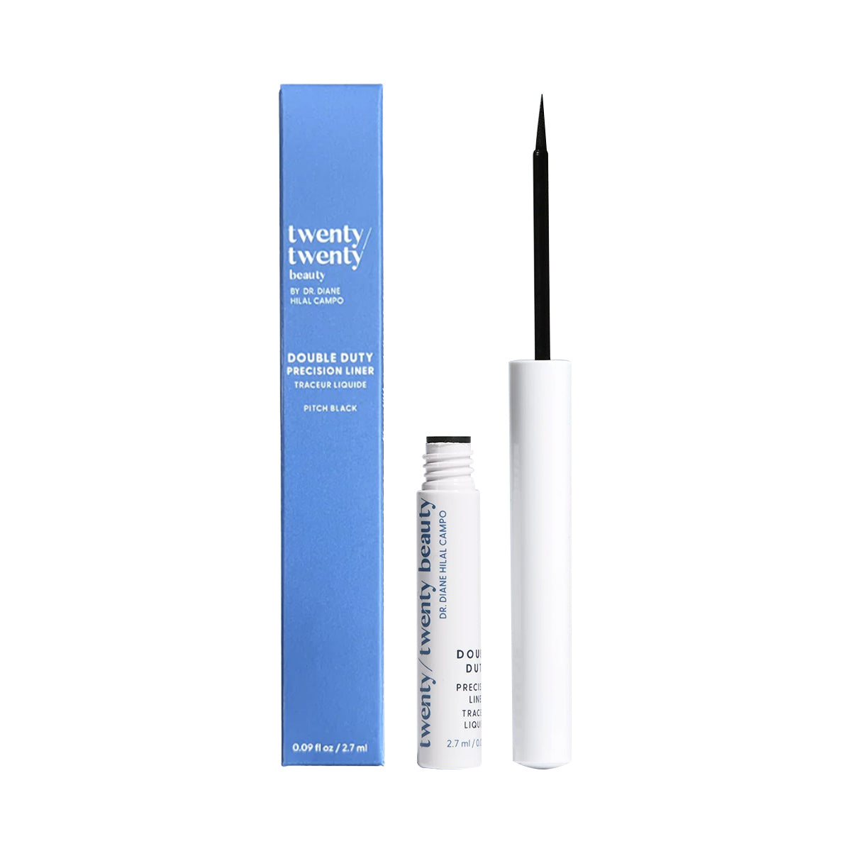 A blue rectangular box labeled Twenty Twenty stands next to an open white container of their ophthalmologist-tested product, the Double Duty Precision Eyeliner in Pitch Black, featuring a thin black brush and 2.7mL of eye-safe formula.