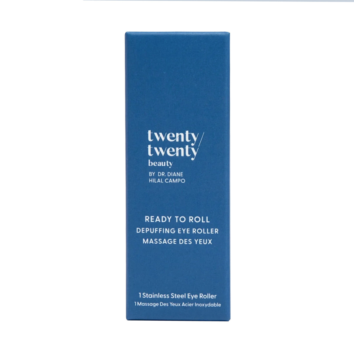 A rectangular blue box with white text shows Twenty Twenty and Ready To Roll Depuffing Eye Roller. This stainless steel roller, perfect for sensitive eyes, effectively reduces puffiness.