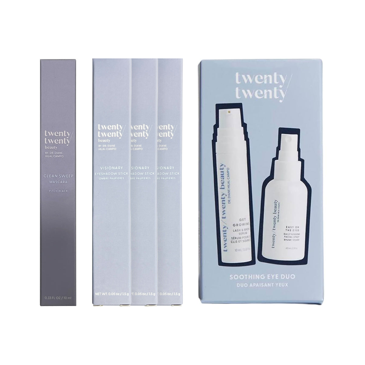 Explore the Twenty/Twenty Beauty Starter Set featuring facial spray, eyeshadow sticks, lash & brow serum, and mascara in elegant blue and white packaging. Perfect for completing your look!.