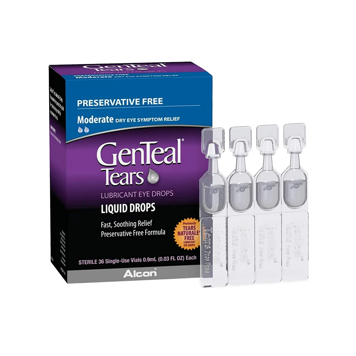 The GenTeal Tears Lubricant Eye Drops by Alcon include 36 vials of preservative-free, moderate relief drops for sensitive eyes, ideal for those needing gentle care.