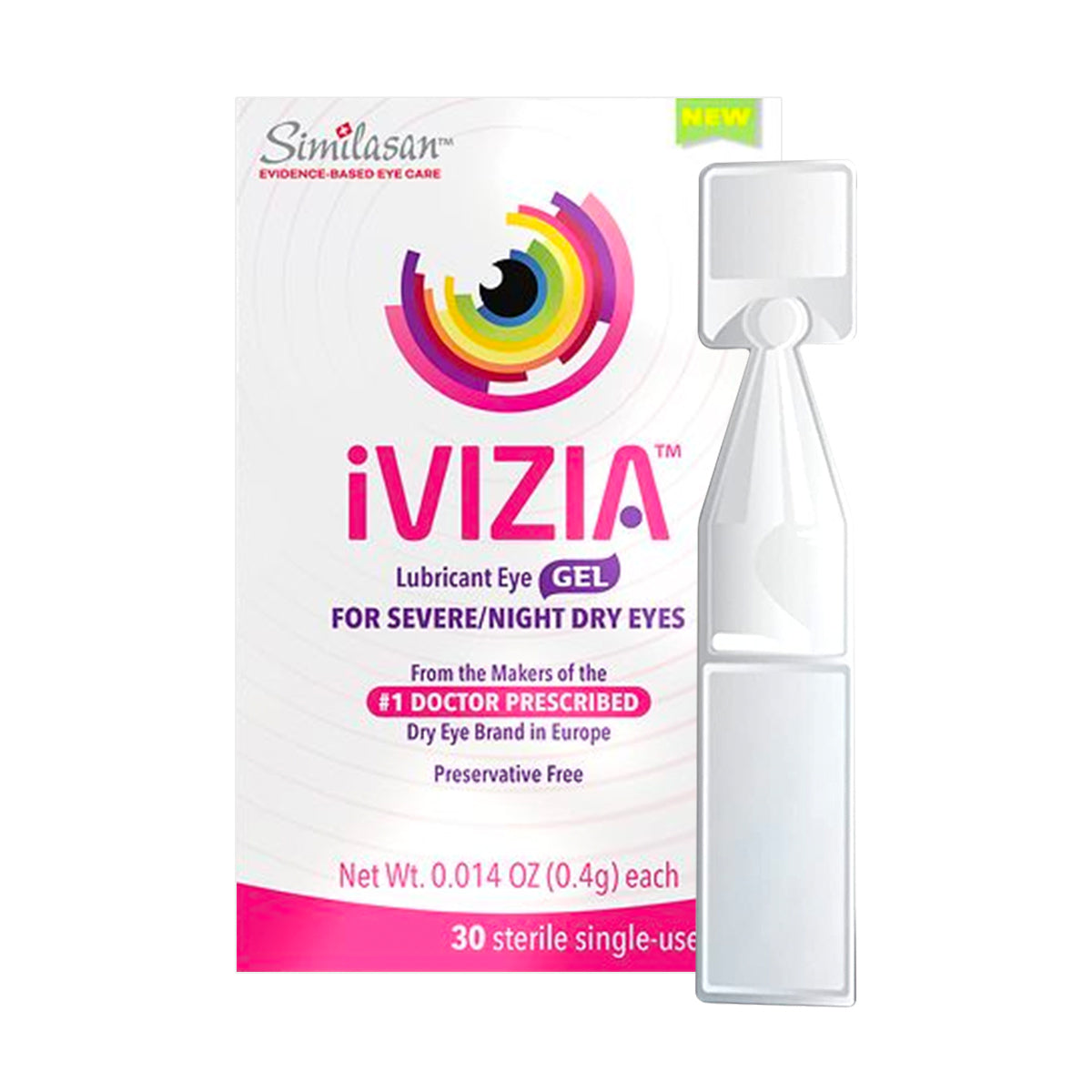 The image shows Theas iVIZIA Lubricant Eye Gel for severe and nighttime eye relief. It features 30 sterile, preservative-free vials with a mainly white box adorned with a rainbow circle design.