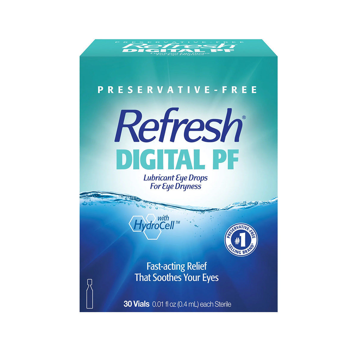 The image displays a box labeled Refresh Digital Preservative Free 30 Vials x 0.4 mL by Abbvie, showcasing preservative-free eye drops for quick relief from eye dryness and digital strain, highlighting the inclusion of HydroCell.