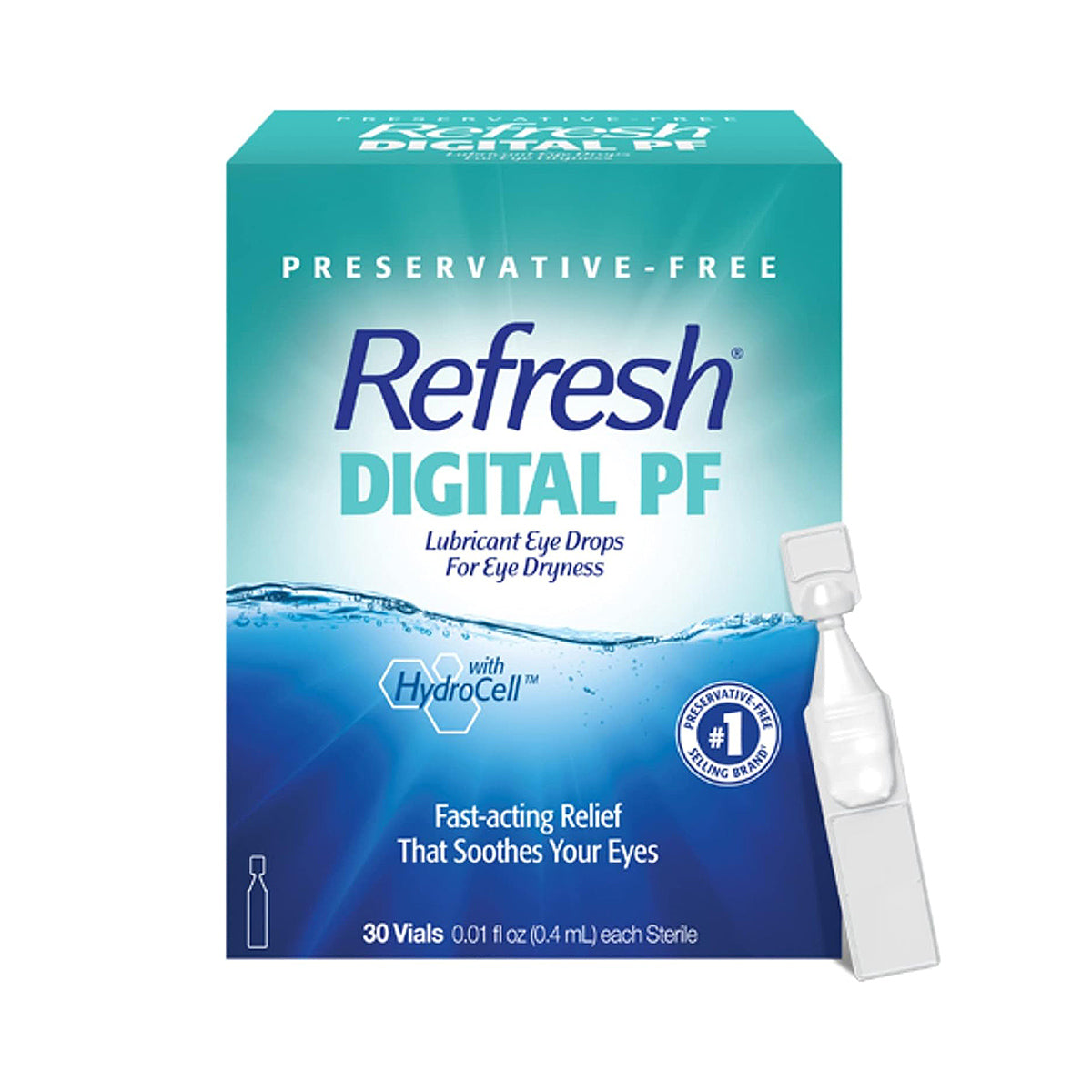 The image features a blue box of Abbvies Refresh Digital Preservative Free, offering fast-acting hydration for digital eye strain relief. It contains 30 vials of 0.4 mL each, with the small vial design displayed on the right.