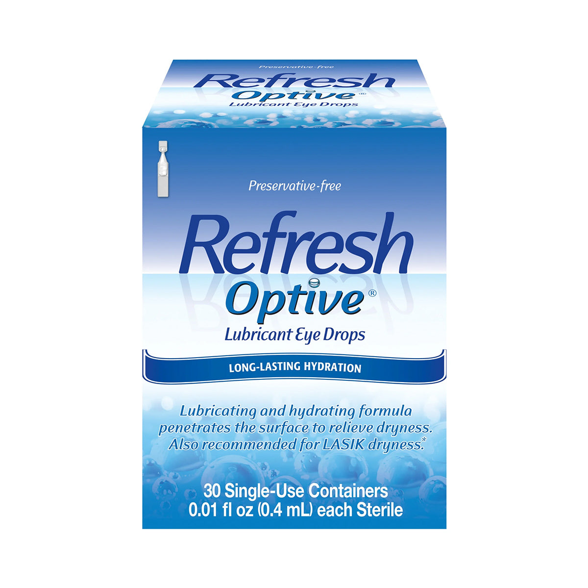 Refresh Optive Lubricant Preservative Free Eye Drops (30 vials) by Abbvie, with HydroCell™ technology, are recommended for LASIK dryness. It provides long-lasting hydration with 30 single-use containers, each 0.01 fl oz, to soothe dry eyes.