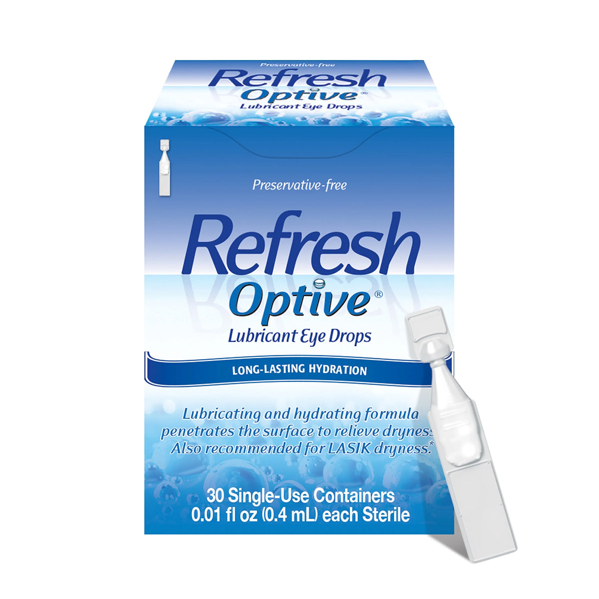 Refresh Optive Lubricant Preservative Free Eye Drops by Abbvie offer long-lasting hydration with HydroCell™ technology for dry eyes. The box includes 30 single-use 0.01 fl oz vials, with an individual vial displayed beside the packaging.