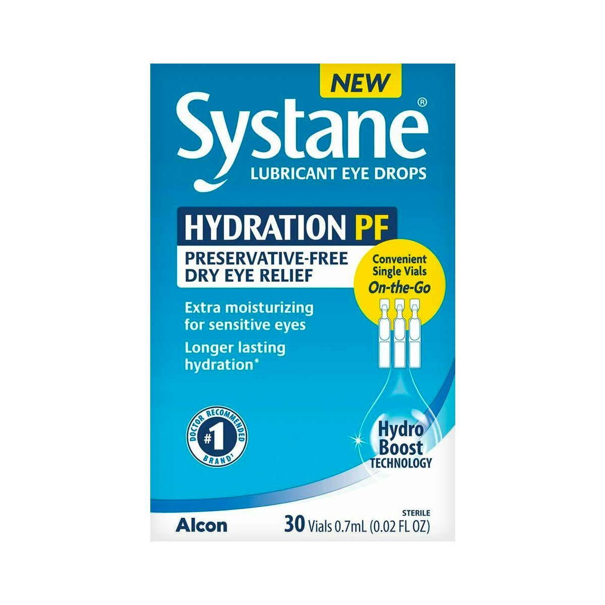 Alcons Systane Hydration Preservative-Free Lubricant Eye Drops emphasize Hydration PF for dry eye relief with extra moisturizing and longer-lasting hydration using HydroBoost Technology. The 30-count vials feature Sodium Hyaluronate for enhanced comfort.