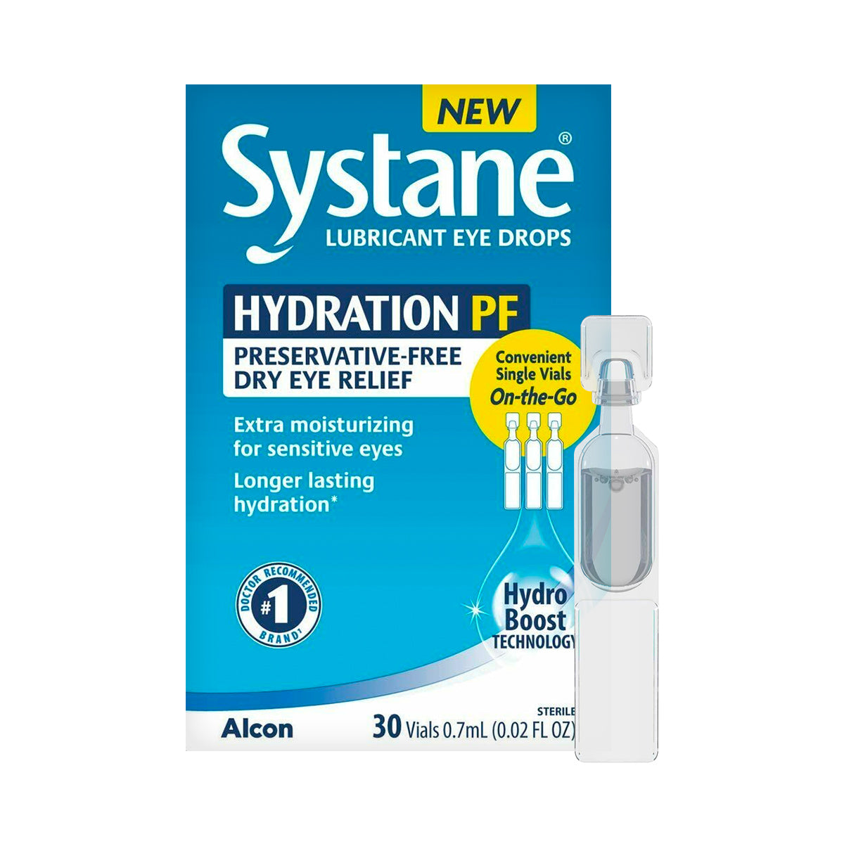 Image of an Alcon Systane Hydration Preservative-Free Lubricant Eye Drops box, featuring Hydration PF in bold. This formula with Sodium Hyaluronate offers enhanced moisture. Single vials ensure easy dry eye relief with Hydro Boost Technology, containing 30 vials of 0.7ml each.