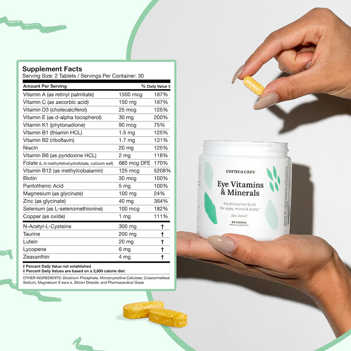 A hand holds yellow tablets above a white CorneaCare container labeled Eye Vitamins & Minerals. This multivitamin for eyes offers a rich blend of Vitamin A, C, D, E, B vitamins, and more for visual health. The CorneaCare Multivitamin for Eyes features green shapes on its packaging.