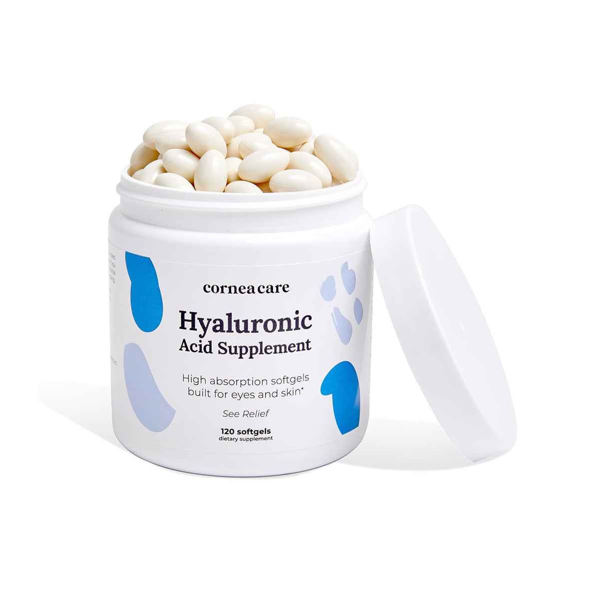 An open container labeled CorneaCare Hyaluronic Acid Supplement for Eyes and Skin reveals beige softgel capsules, highlighting its role as an anti-aging eye supplement. The lid is beside the container, which contains 120 dietary supplement softgels.