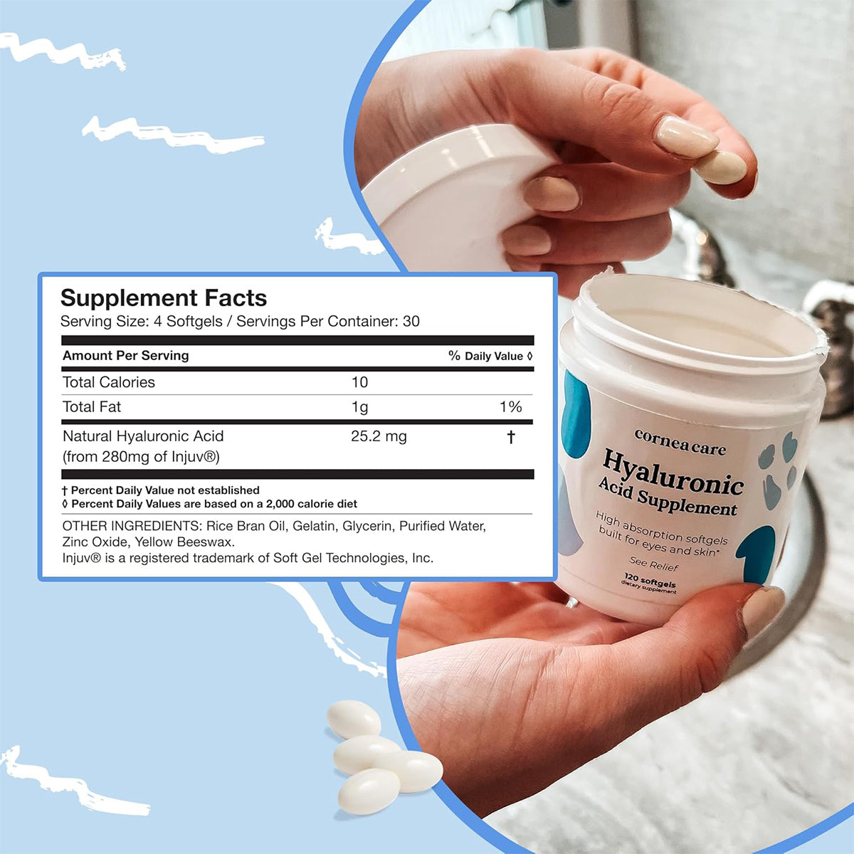 A person holds a CorneaCare Hyaluronic Acid Supplement for Eyes and Skin container, with a few white capsules in hand, and the blurred background shows the supplement facts highlighting its potential to relieve eye dryness.