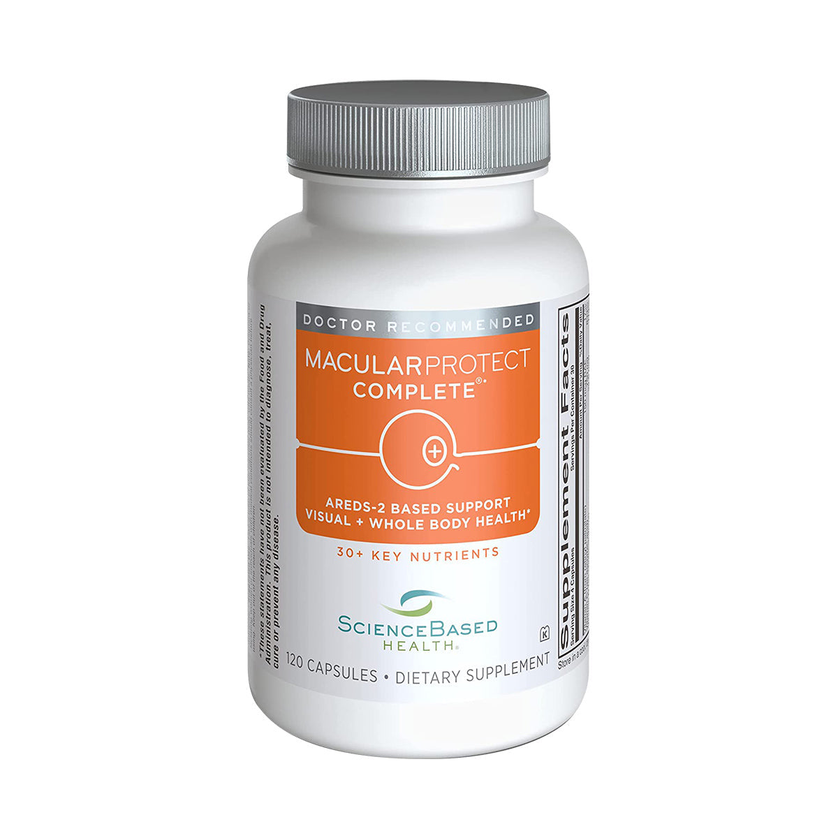 The MacularProtect Complete AREDS2 Formula for Macula and Whole Body Health from ScienceBased Health, presented in a white bottle with orange and blue accents, contains 120 capsules. It supports macular health with over 30 key antioxidants and nutrients.