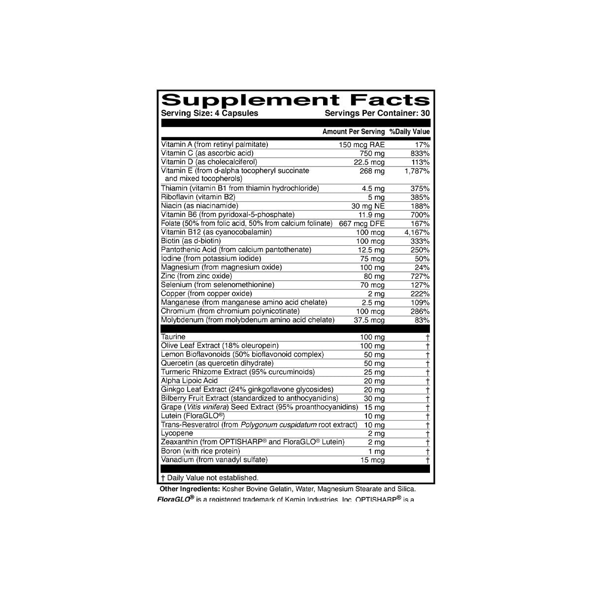 The MacularProtect Complete AREDS2 Formula by ScienceBased Health lists essential vitamins, minerals, amino acids per four-capsule serving. Enhanced with antioxidants following AREDS2 guidelines, it supports macular and whole-body health with precise daily value percentages.