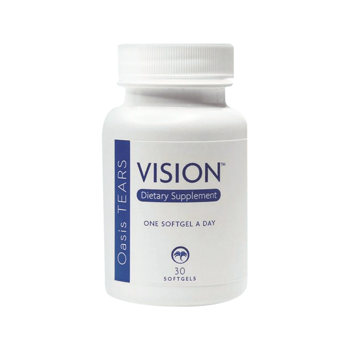 The white bottle labeled Oasis Tears Vision Daily Dietary Supplement by Oasis Medical features a leaf logo and promotes One Softgel a Day for eye health with 30 softgels, non-GMO ingredients, and a natural dietary supplementation approach.