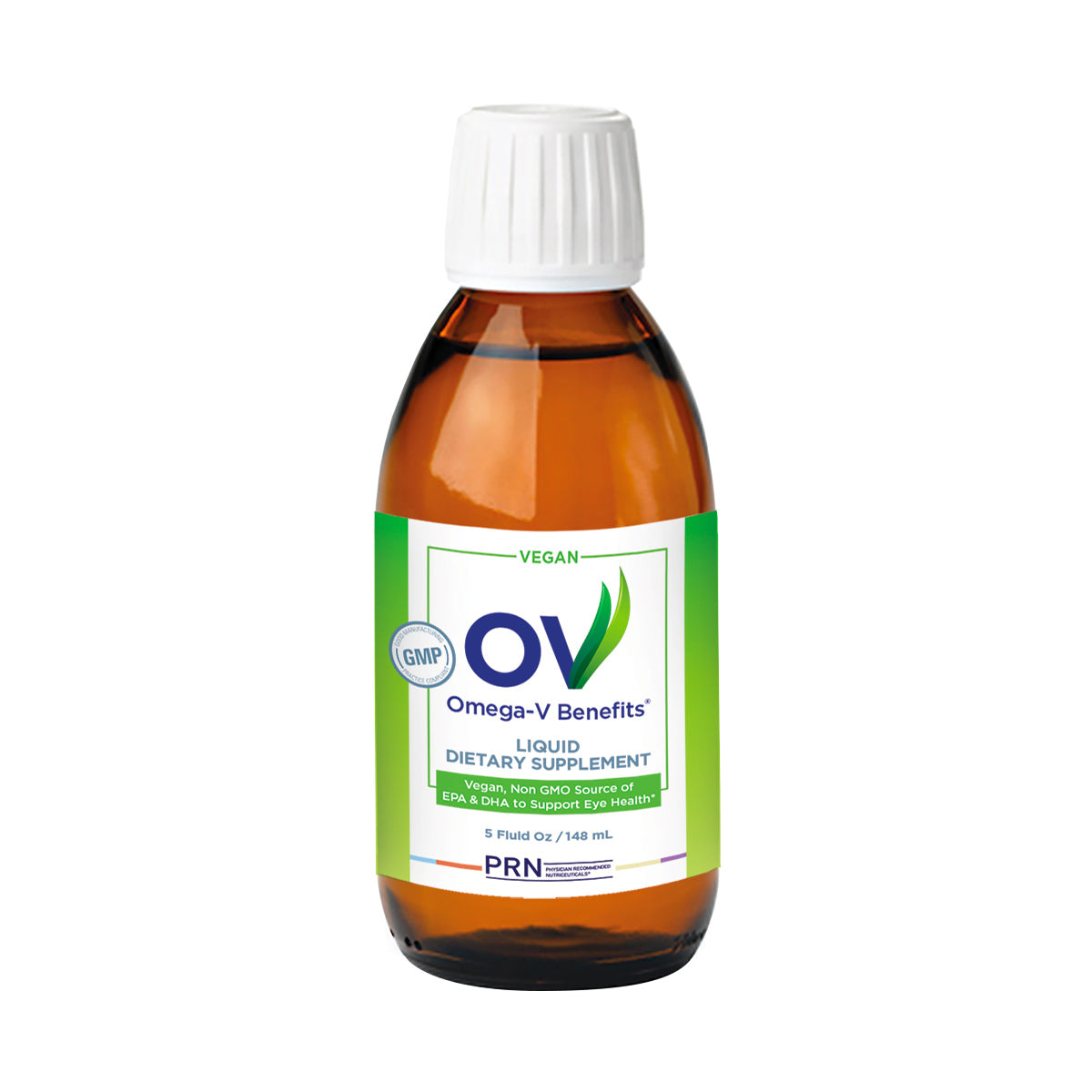 A 5 oz brown bottle labeled PRN Omega-V Benefits with a white cap features a green and white label indicating its a vegan liquid dietary supplement. Its sugar-free, gluten-free, and contains algae oil-derived omega-3 for eye health, from the brand PRN - Physician Recommended Nutriceuticals.