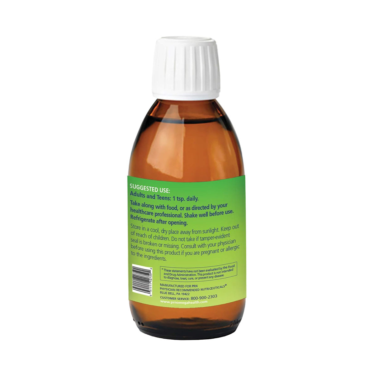 The PRN - Physician Recommended Nutriceuticals Omega-V Benefits Liquid (5 oz) Vegan Formula comes in a brown glass bottle with a white cap and a green label highlighting the benefits of algae oil for eye health, usage instructions, storage, and contact details. The bottle is set against a clean white background.