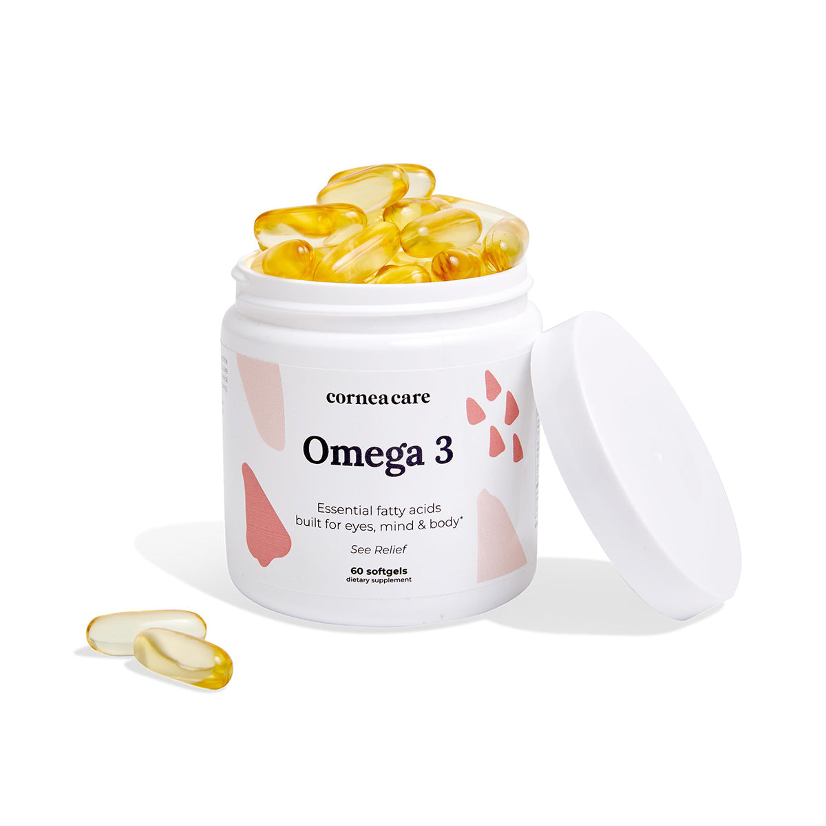 A white jar of CorneaCare Triple Strength Omega 3 Fish Oil spills softgels onto the surface, promising dry eye relief and wellness with 60 essential fatty acid capsules for eyes, mind, and body. The lid is beside it.