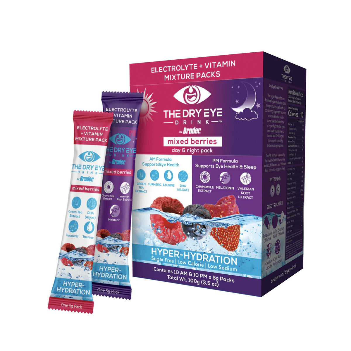 This image presents Bruders Dry Eye Drink™ Complete Set in mixed berries flavor, featuring vibrant berry and water graphics. The set includes electrolyte and vitamin packs for eye health, offering superior hydration for dry eye relief with both daytime and PM options.