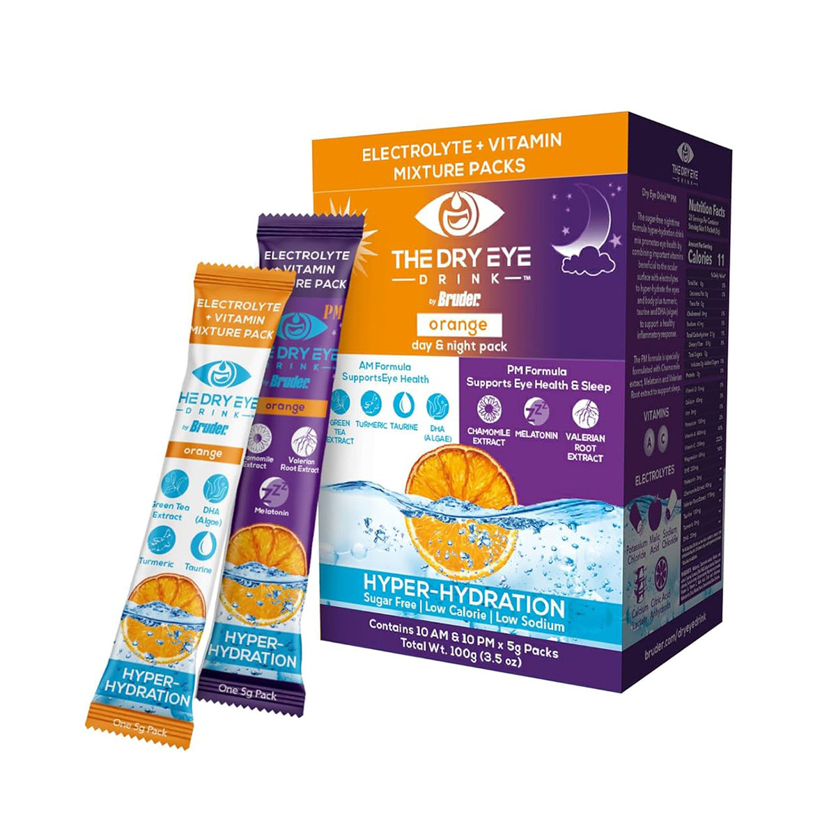 The Dry Eye Drink™ Complete Set by Bruder features orange-flavored packets adorned with images of sliced orange and water splashes. Each set includes 20 Hyper-Hydration sticks with electrolytes and vitamins promoting hydration, eye health, and restful sleep.