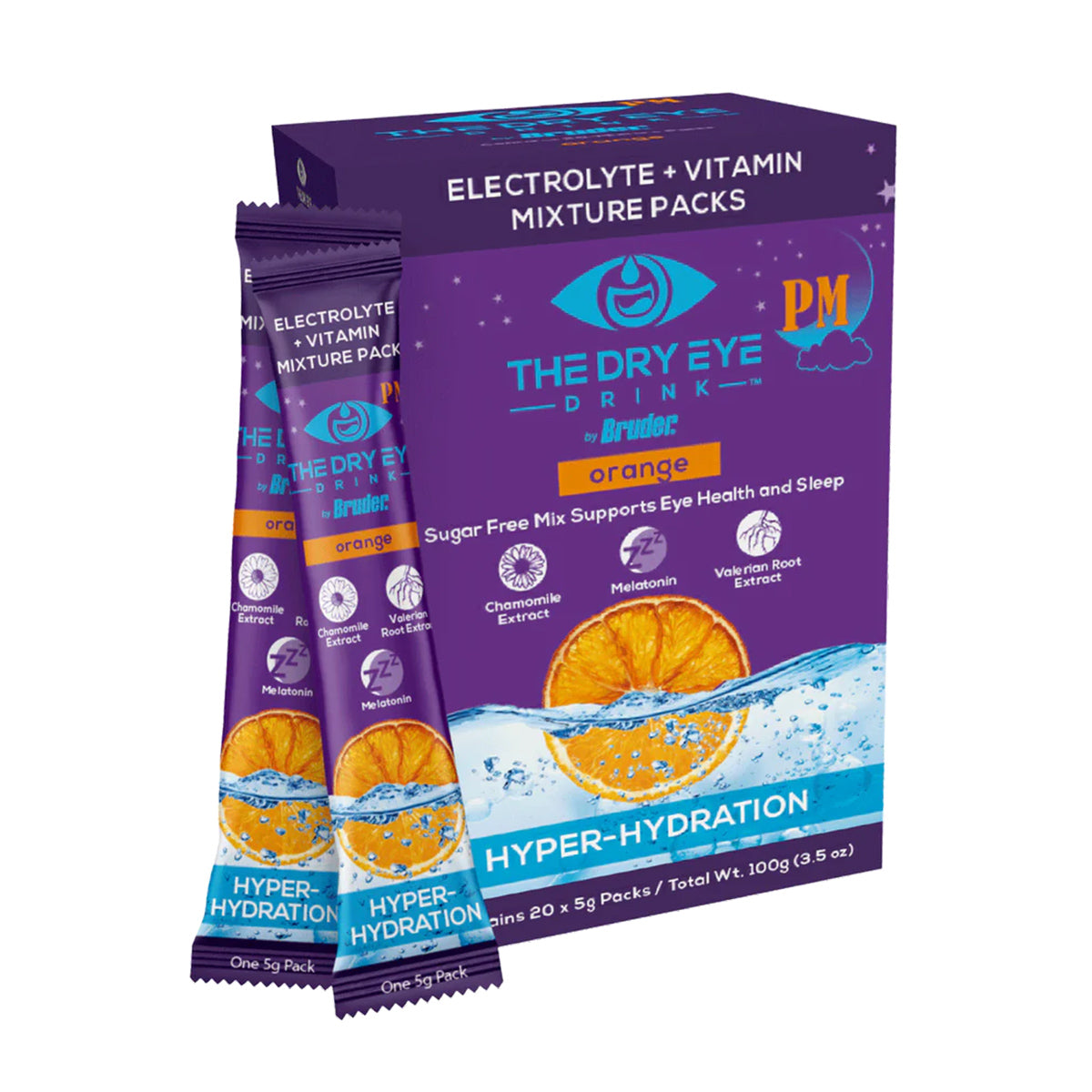 The packaging of Dry Eye Drink™ Daytime by Bruder (Mixed Berries, 20 Packets) features electrolytes, vitamins, and herbs like chamomile, melatonin, and Valerian root for dry eye relief. Its a sugar-free mix that supports eye health and hydration.