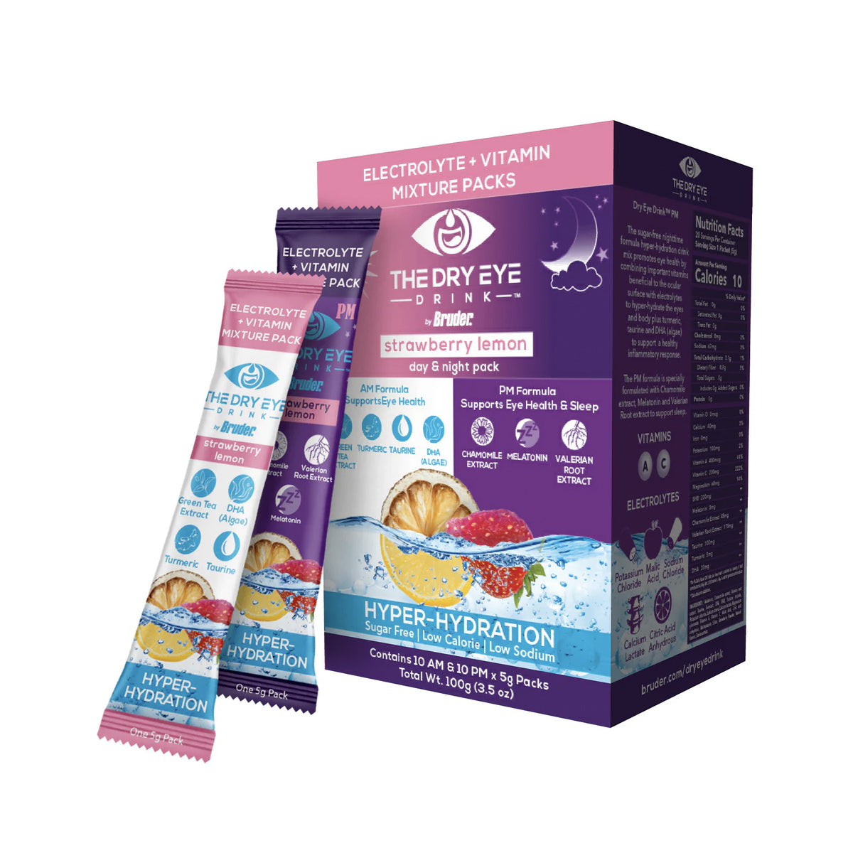 The Dry Eye Drink™ Complete Set by Bruder, featuring 20 strawberry lemonade packets (10 daytime and PM each), offers hyper-hydration for eye health and sleep support with day/night designs.