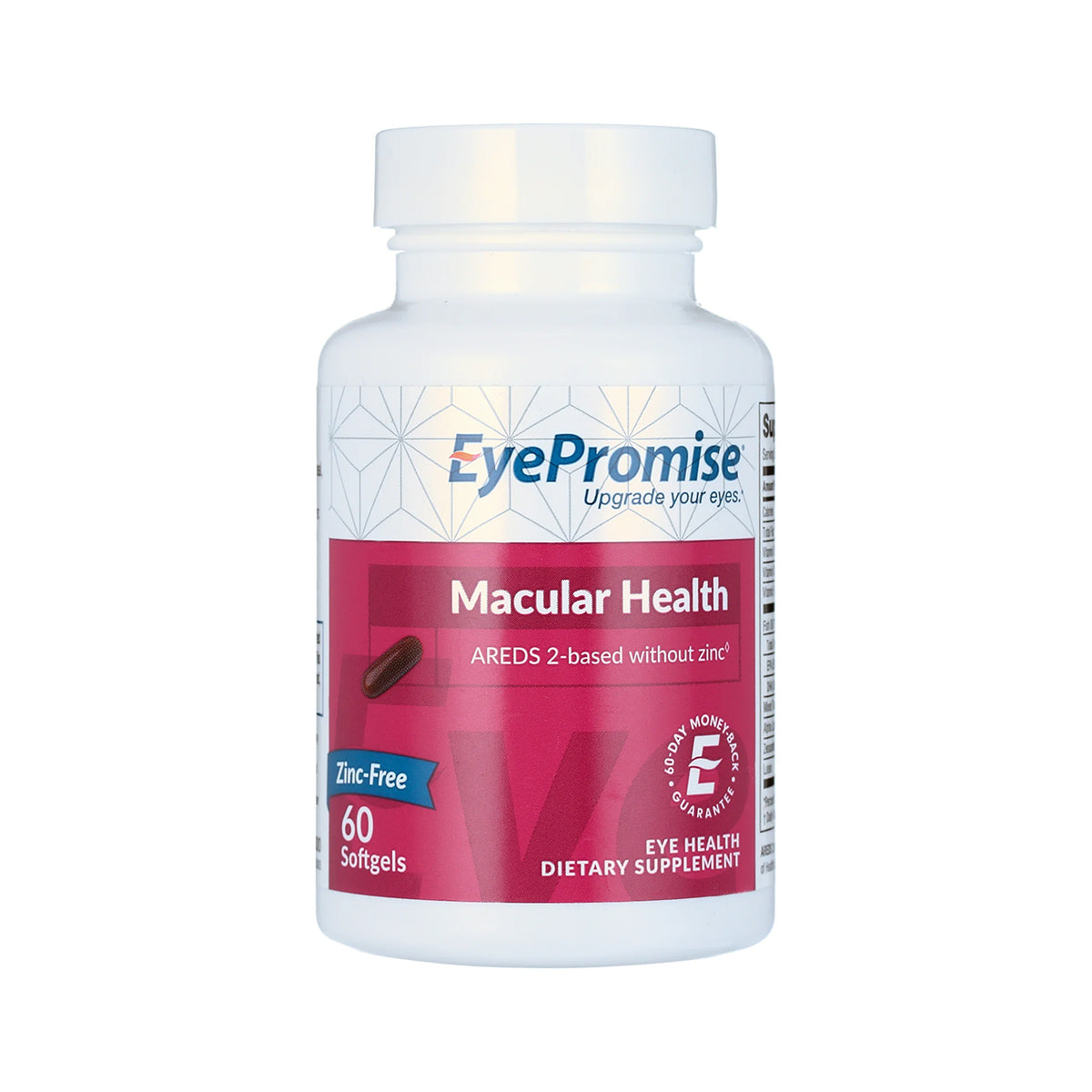 The EyePromise® Macular Health supplements have a pink and white label, boldly featuring Zinc-Free Eye Vitamin and 60 Softgels, supporting age-related eye health.