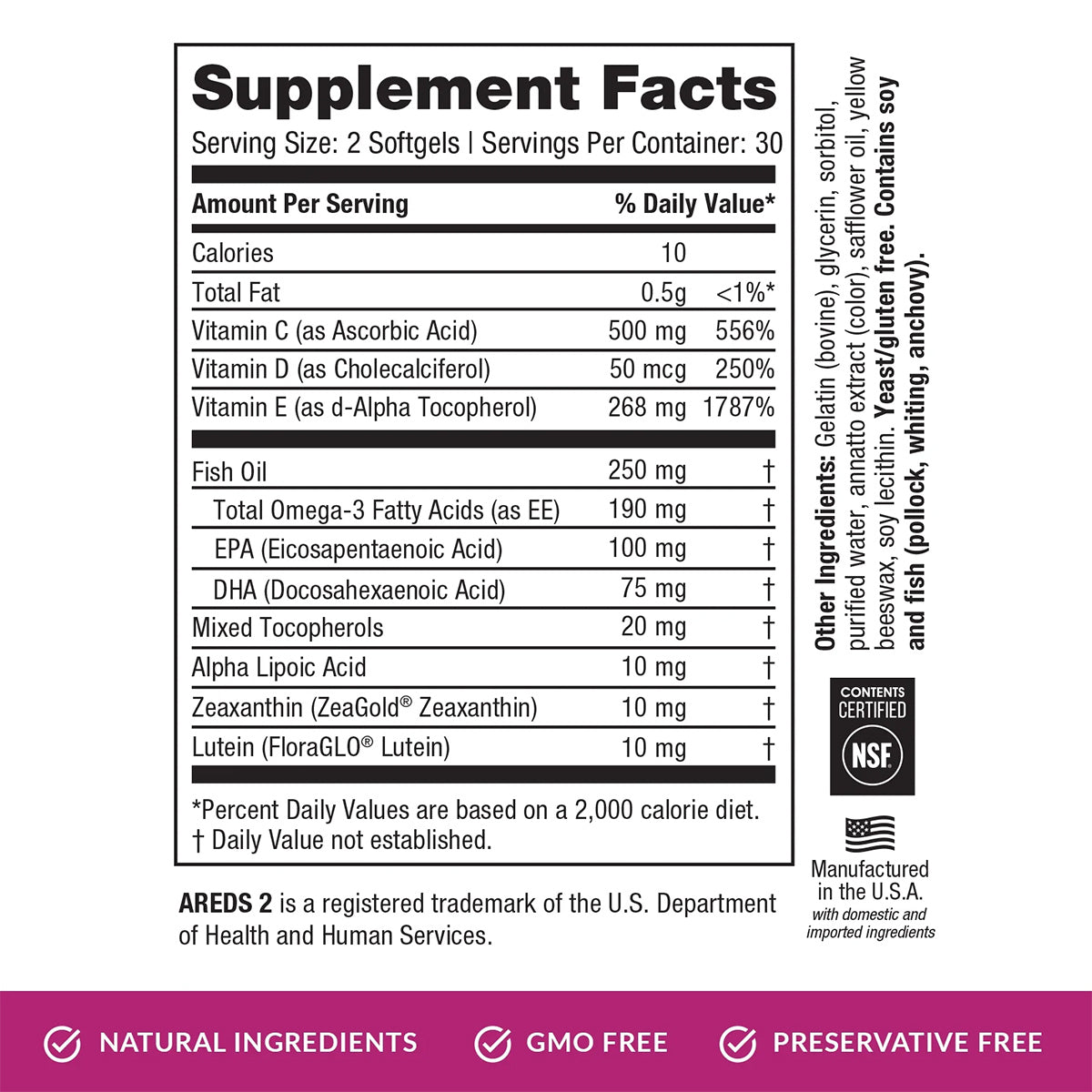 The Supplement Facts label for EyePromise® Macular Health – a zinc-free AREDS2-based vitamin focusing on Age-Related Eye Health – details vitamins, fish oil, and ingredients with daily value percentages. It includes a soy allergy warning and non-GMO, preservative-free icons to support macular health.