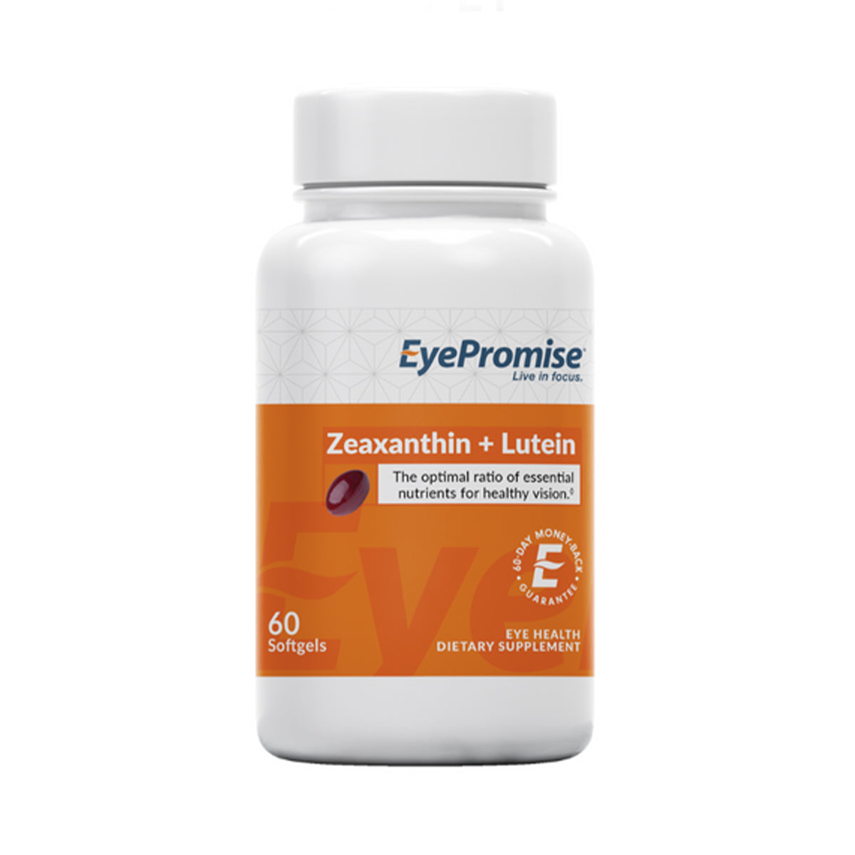 White EyePromise bottle labeled Zeaxanthin + Lutein Eye Vitamin with an orange and white design, contains 60 softgels for enhanced eye health support, featuring a softgel image on the front.