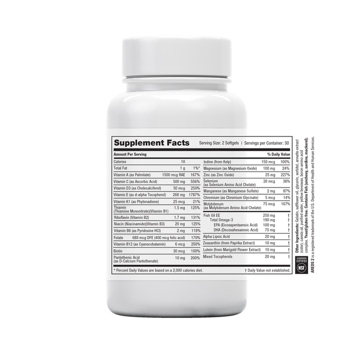 A white bottle with a closed lid features a supplement facts label for EyePromise Macular Health Complete AREDS 2 based Multivitamin (60ct), displaying daily values and ingredients like zeaxanthin clearly printed on the side.