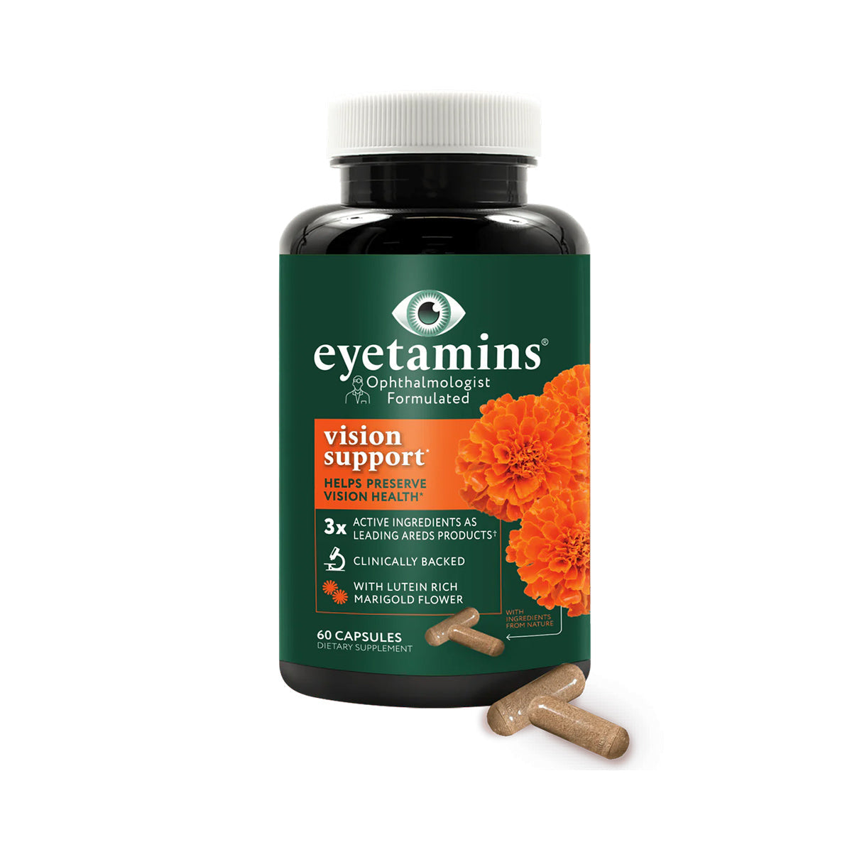 A black bottle of Eyetamins Vision Support - Lutein, Zeaxanthin AREDs Macular Support with marigold flowers on the label includes 60 capsules for eye wellness and preventing Age-Related Macular Degeneration. Two capsules are placed beside it.